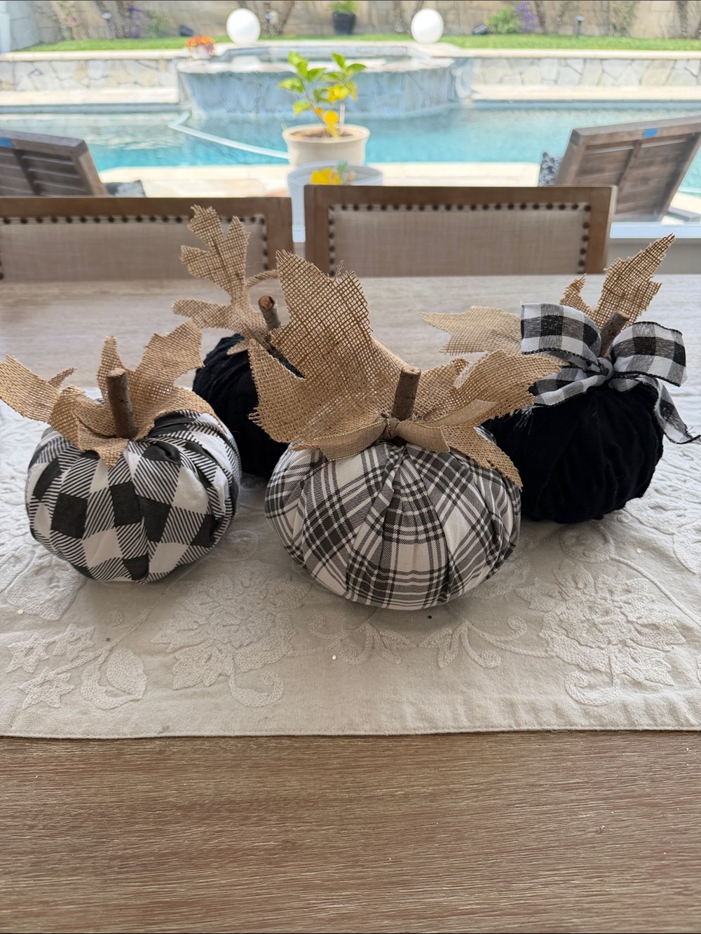 Neutral Plaid & Black Fabric Pumpkins with Burlap Leaves - Holiday Table Decor